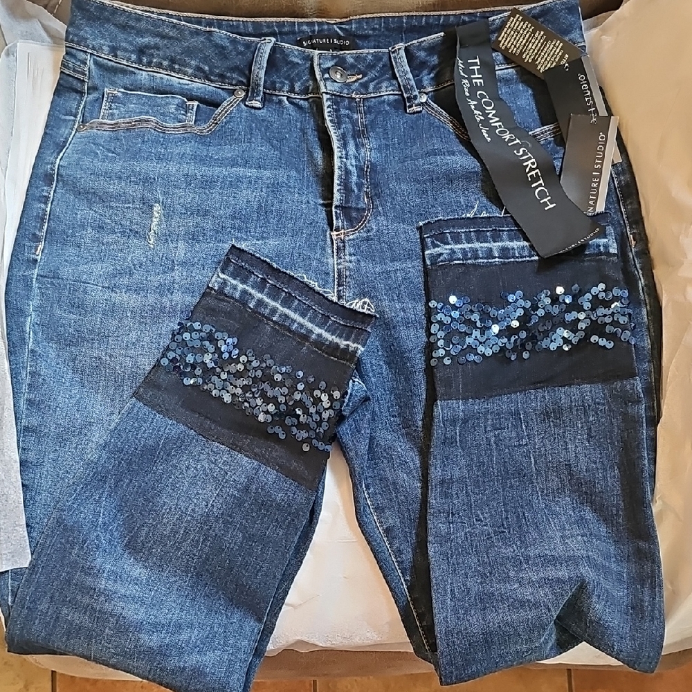 Signature Studio Blue Skinny Jeans with Decorative Patches